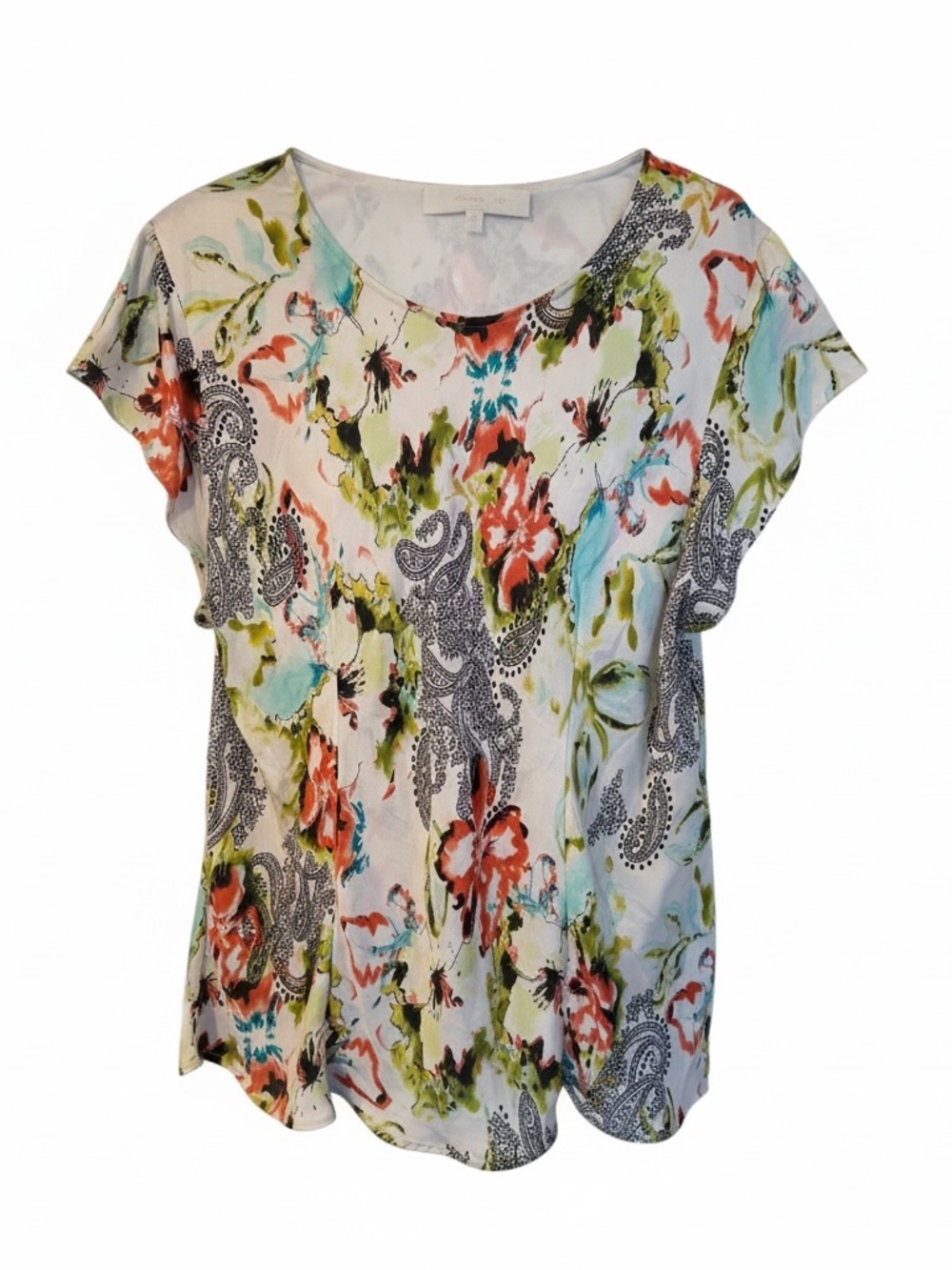 Sunny Leigh White Floral Watercolor Short Sleeve Top